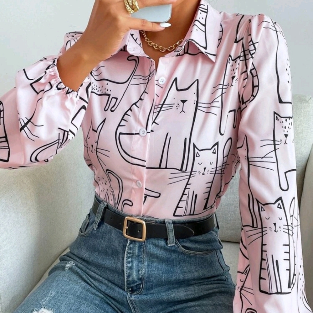 Cat Print Button Front Blouse - Picture 4 of 9